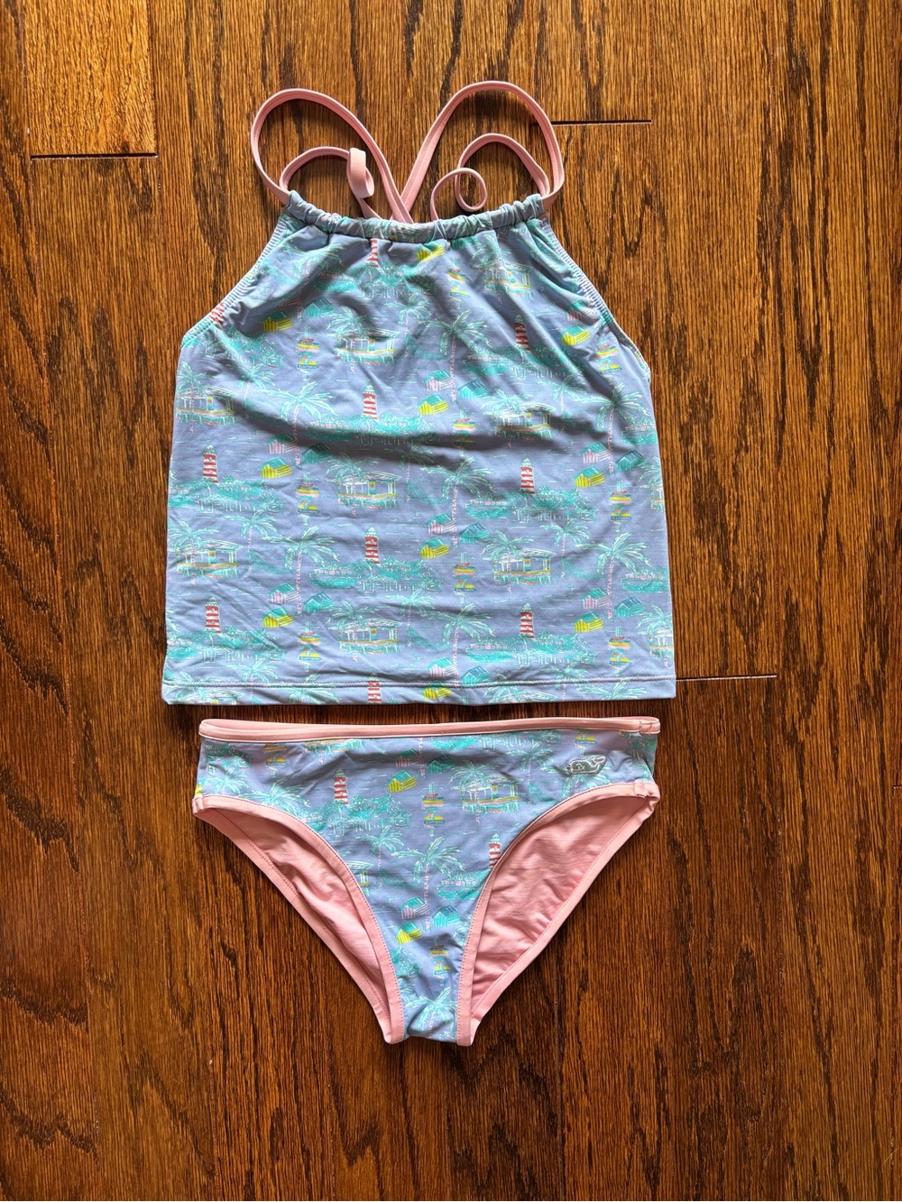 Vineyard Vines Girls Two-Piece Tankini Swim Set in Light Blue with Pink Trim